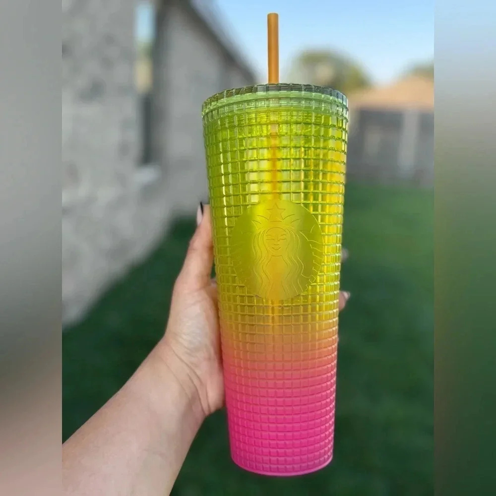Starbucks 24 oz Cold Tumbler Cup with Straw - yellow and pink ombré